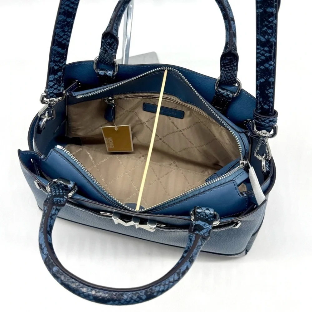 Michael Kors Large Reed Leather Belted Satchel Crossbody Bag Denim Snakeskin